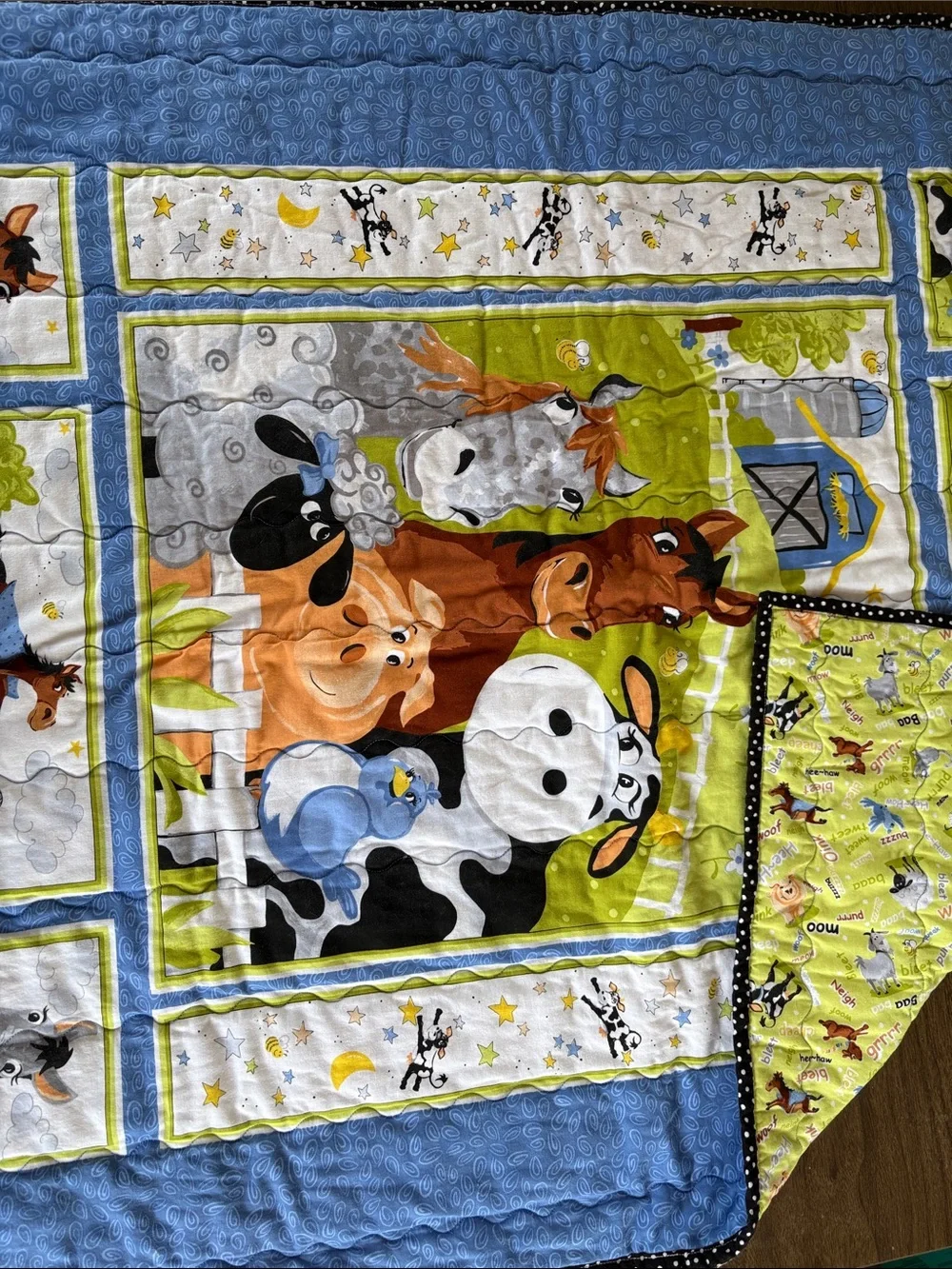 Children's Farm Animal Quilted baby Blanket - Blue & Green